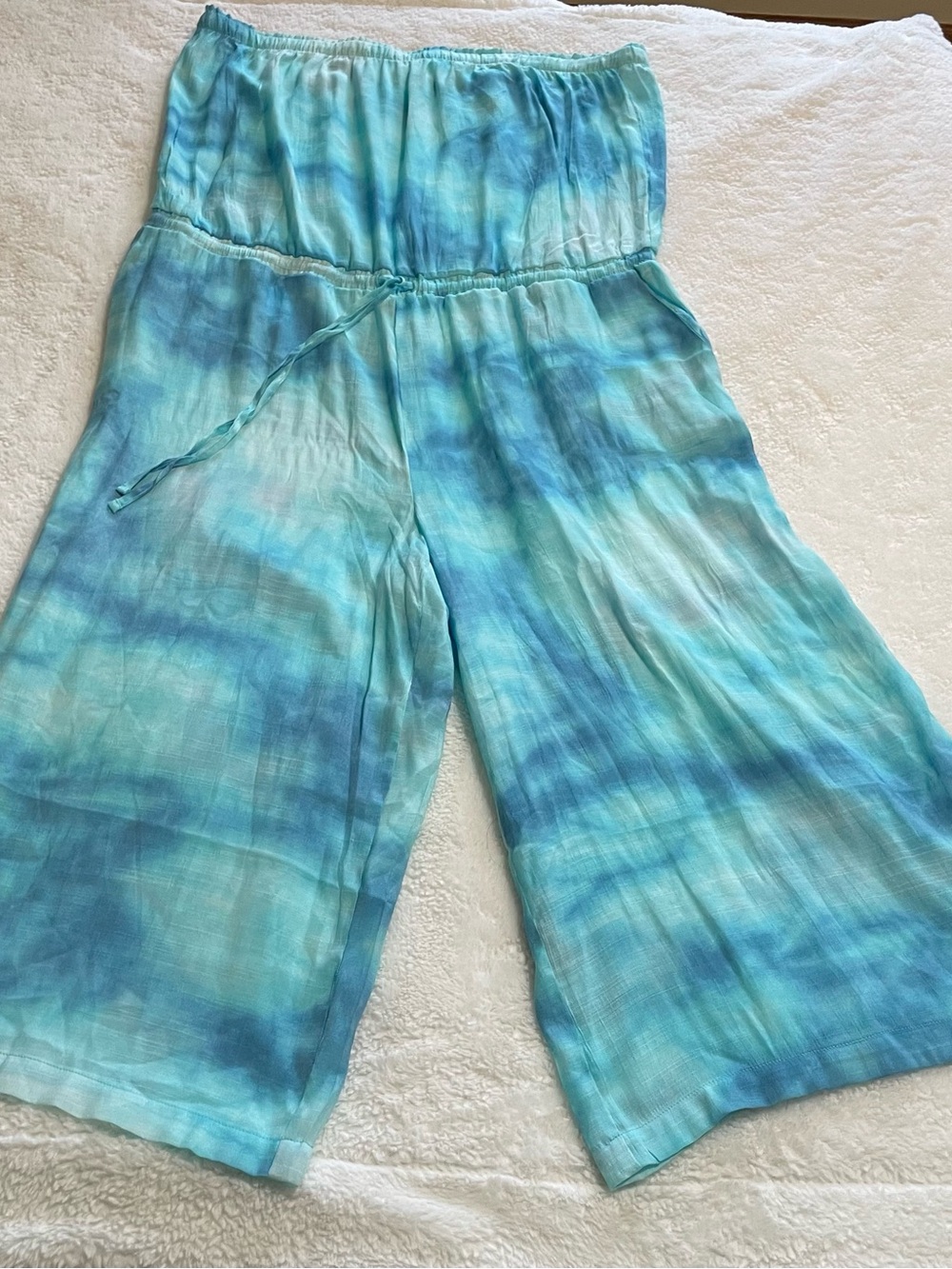 New York & Company Aqua and Teal Tie-Dye Wide-Leg Jumpsuit
